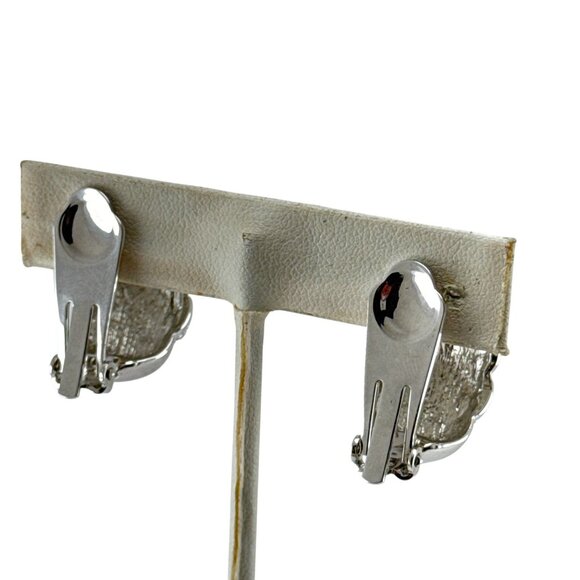 Vintage Silver Tone Black Enamel Rhinestone Clip On Earrings Retro Jewelry - Picture 3 of 5